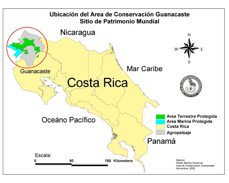 Costa Rica map locating Area de Conservacion Guanacaste